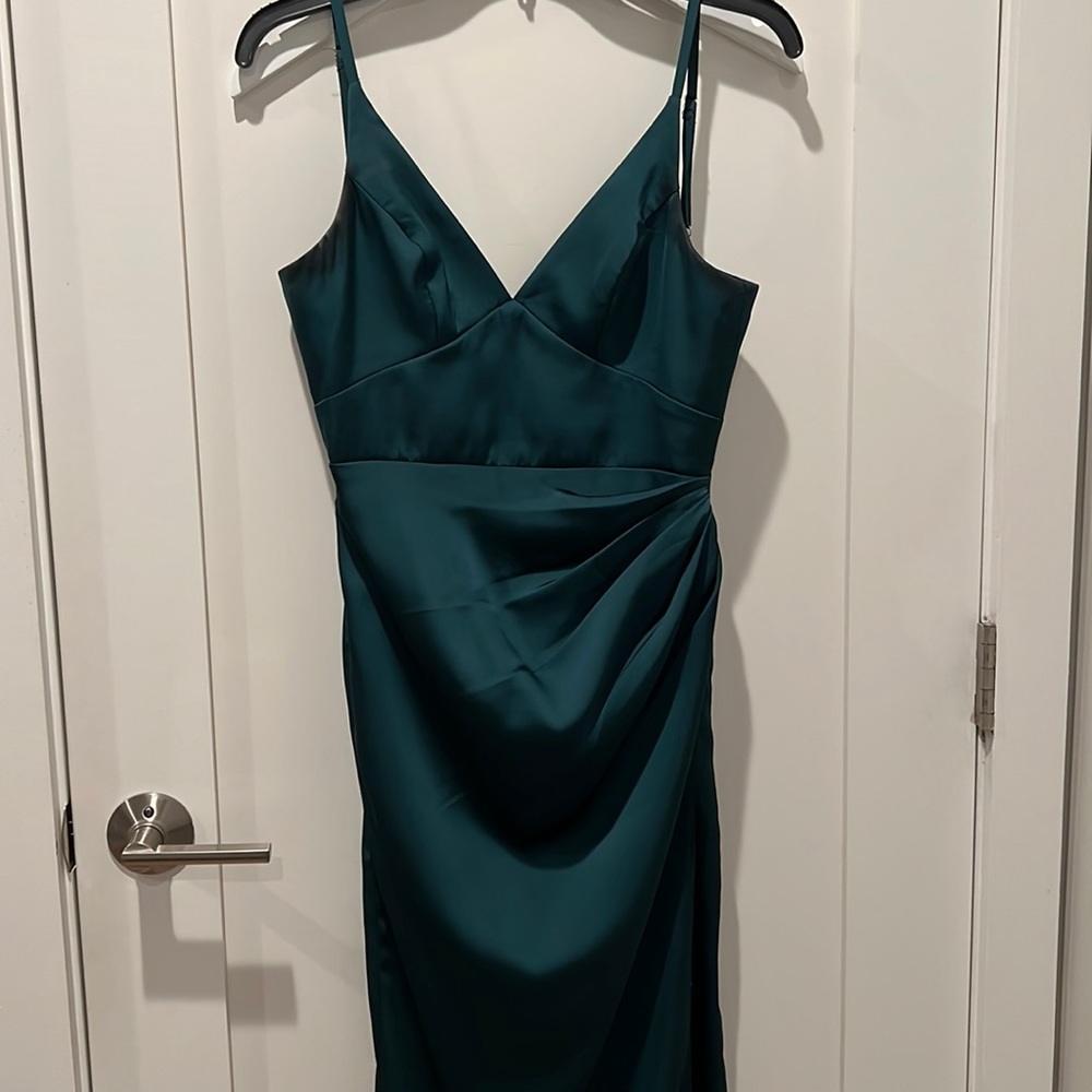 Azazie satin pine bridesmaid’s dress